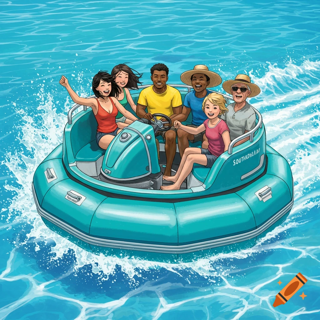 Illustration of a diverse group of people riding in a blue bumper boat on the water.