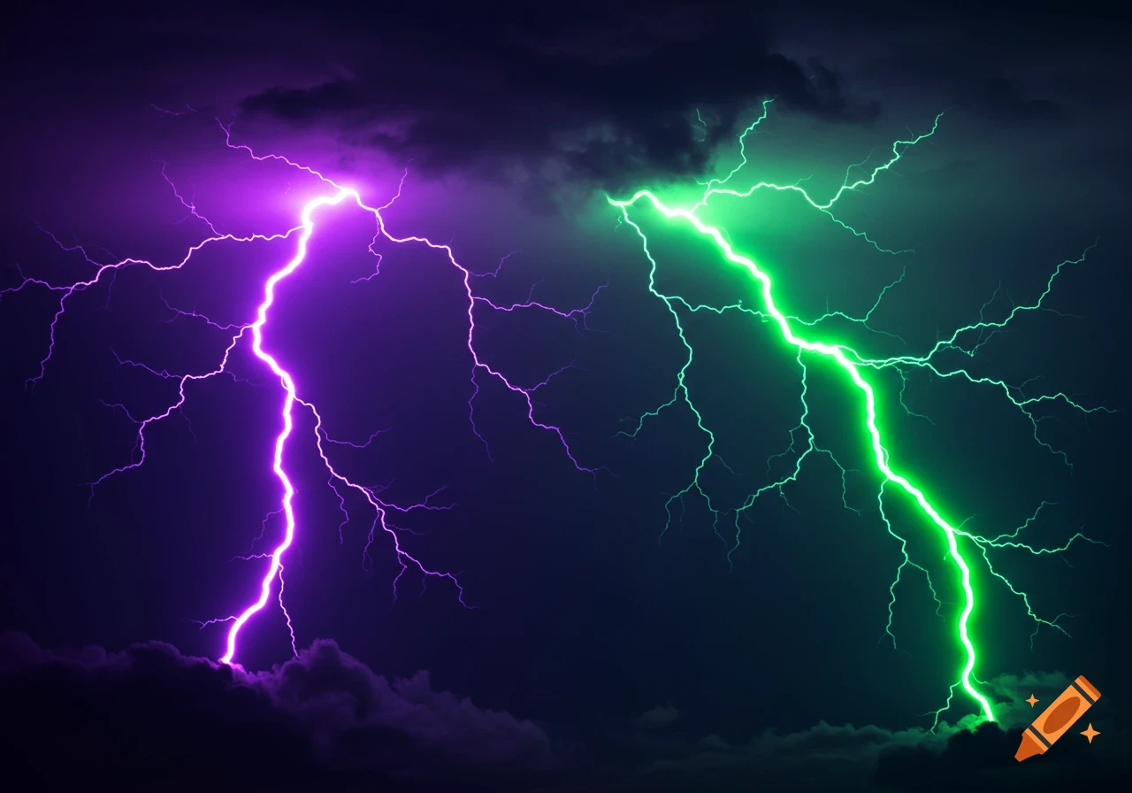 Purple and green lightning strikes against a dark, cloudy sky.