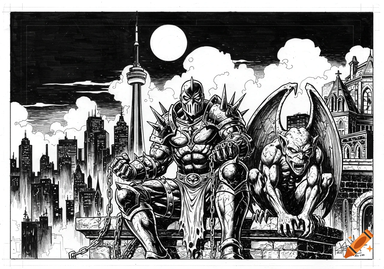 Black and white ink drawing of a spiked armored figure and a gargoyle sitting on a rooftop overlooking a city skyline with the CN Tower.