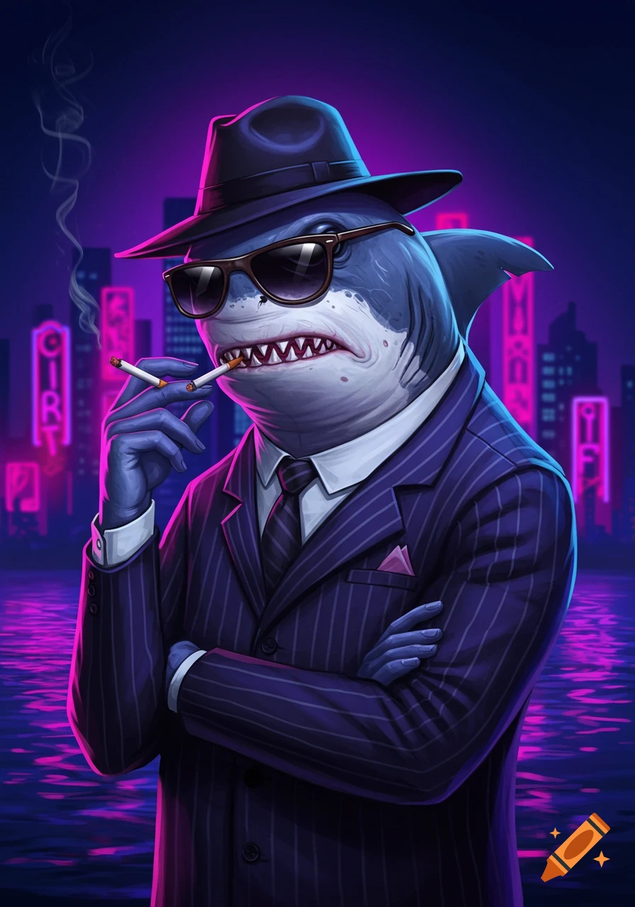 Illustration of a gangster shark in a suit, hat, and sunglasses, smoking, with a neon city background.