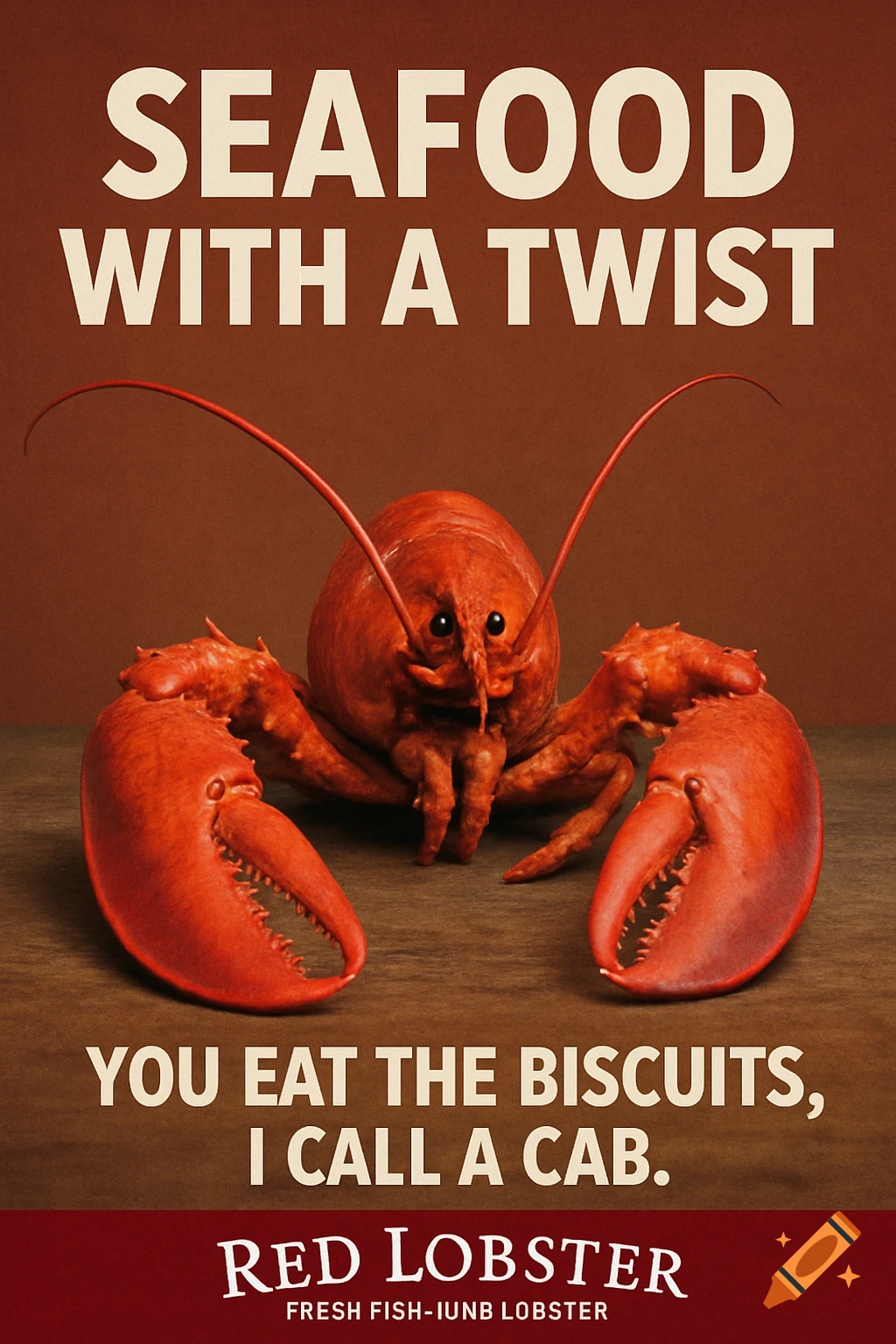 Poster ad for Red Lobster featuring a realistic lobster and text that reads "SEAFOOD WITH A TWIST YOU EAT THE BISCUITS, I CALL A CAB. RED LOBSTER"