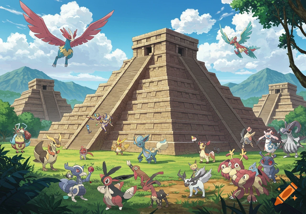 Fantasy creatures resembling Pokemon around Aztec pyramids.