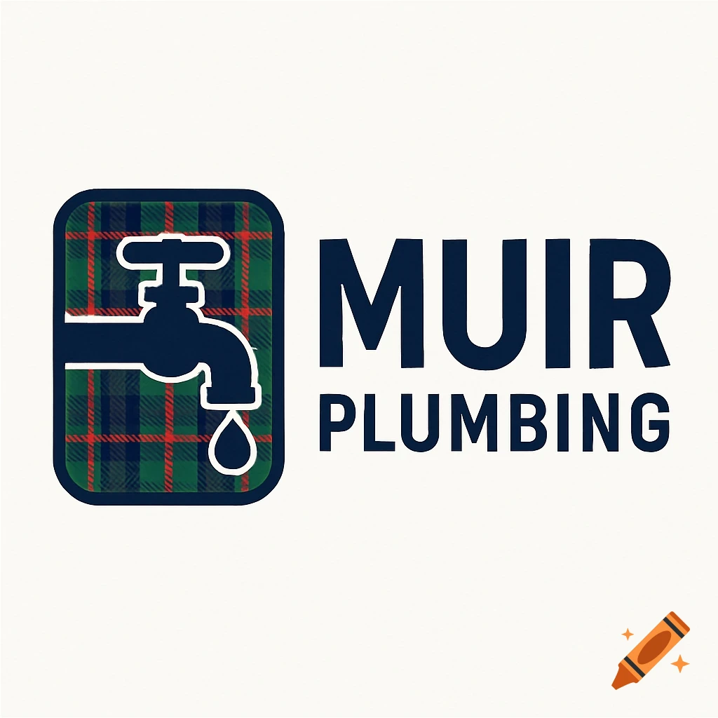 Logo for Muir Plumbing featuring a stylized faucet icon with a tartan pattern background.