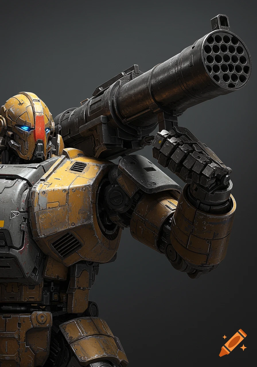 Detailed close-up of a yellow and grey robot holding a large rocket launcher.