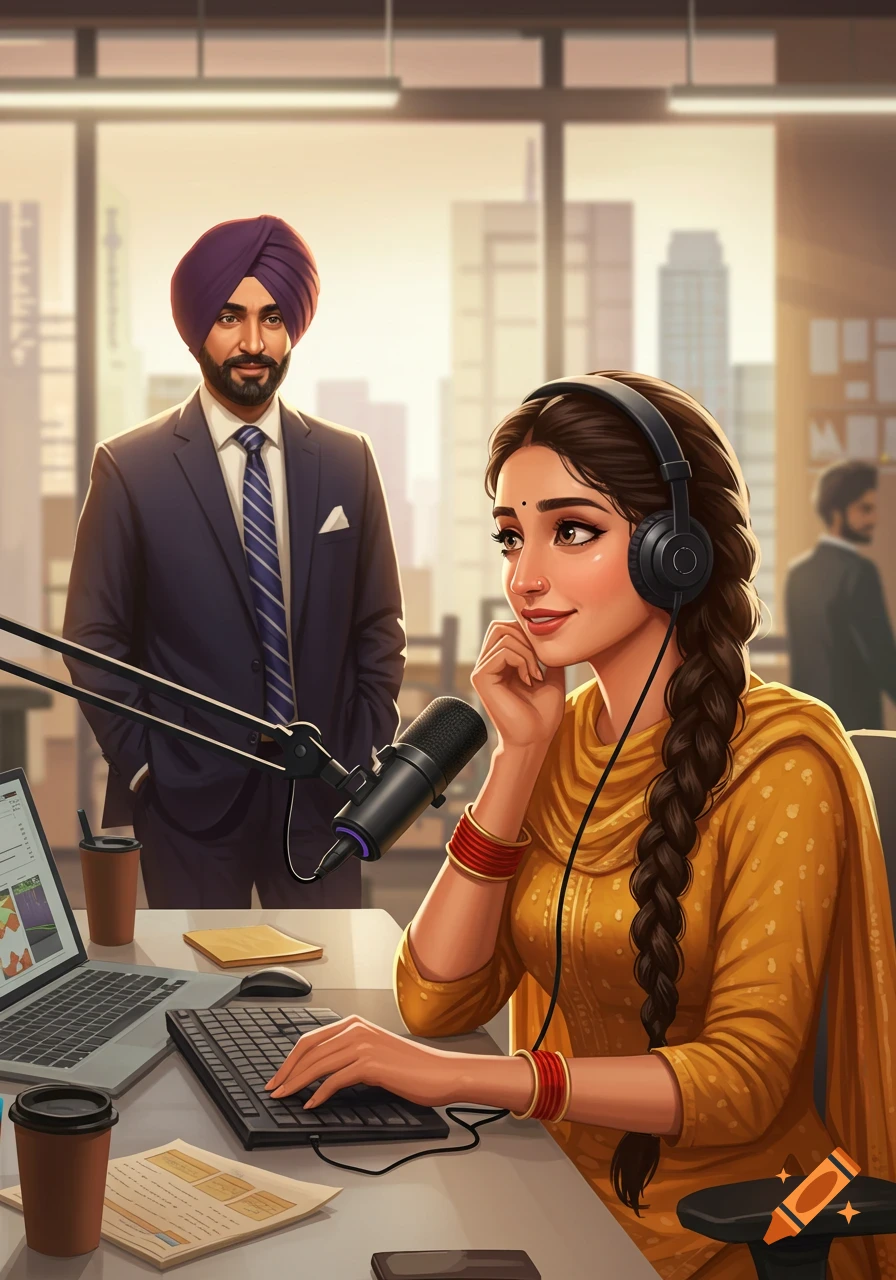 A woman in traditional clothes and headphones hosts a podcast in an office while a man in a suit stands behind her.