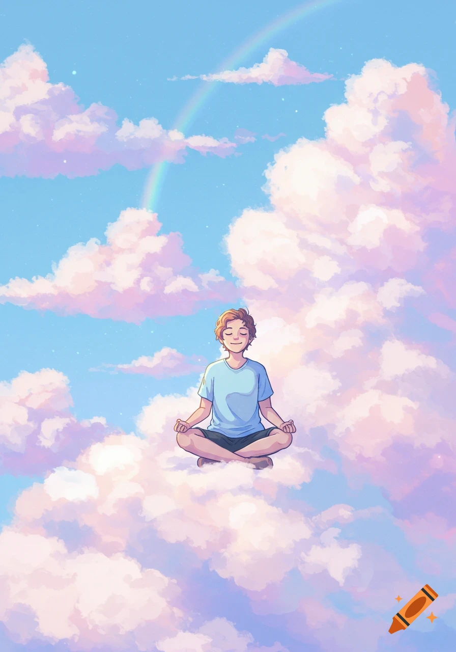 Anime style drawing of a person meditating on a cloud surrounded by pink and purple clouds and a rainbow.