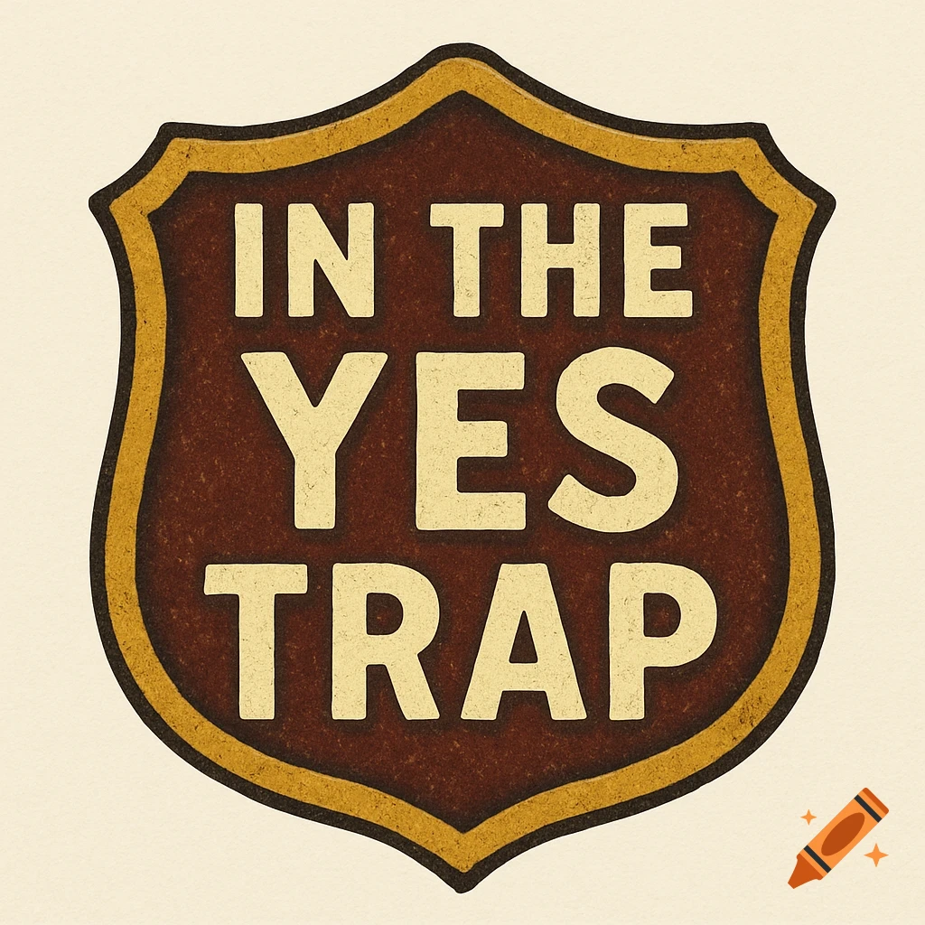 A shield-shaped badge with 'IN THE YES TRAP' text.