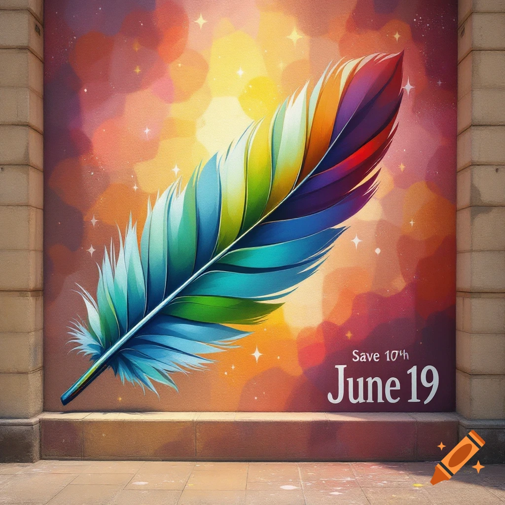 A colorful rainbow feather painted as a mural on a wall with text "Save 10th June 19".