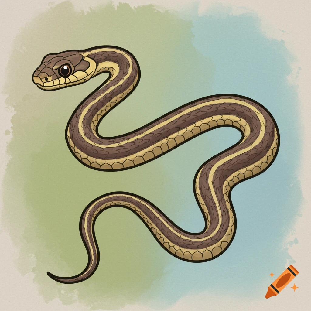 A simple illustration of a garter snake on a blended green and blue background.