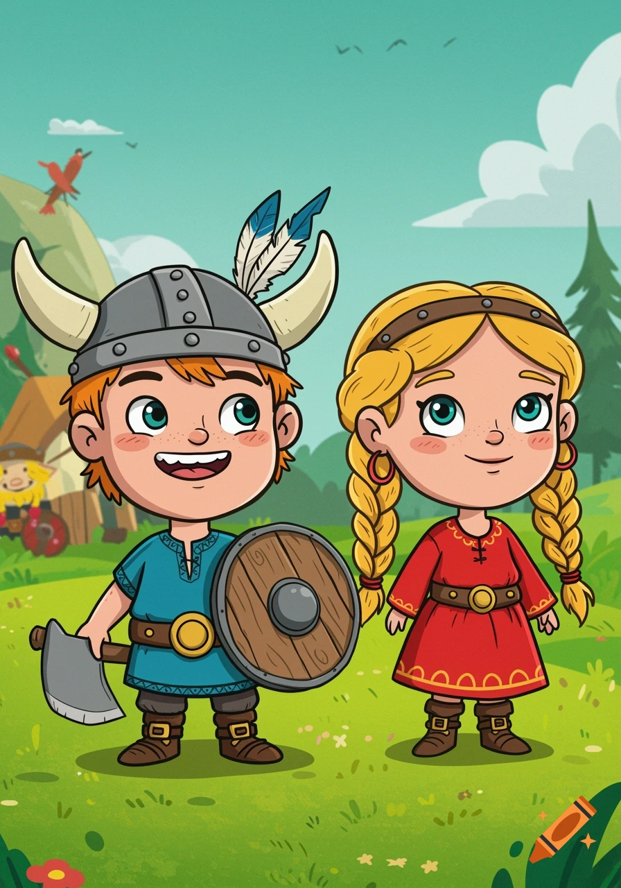 Cartoon illustration of a Viking boy and girl in a grassy landscape
