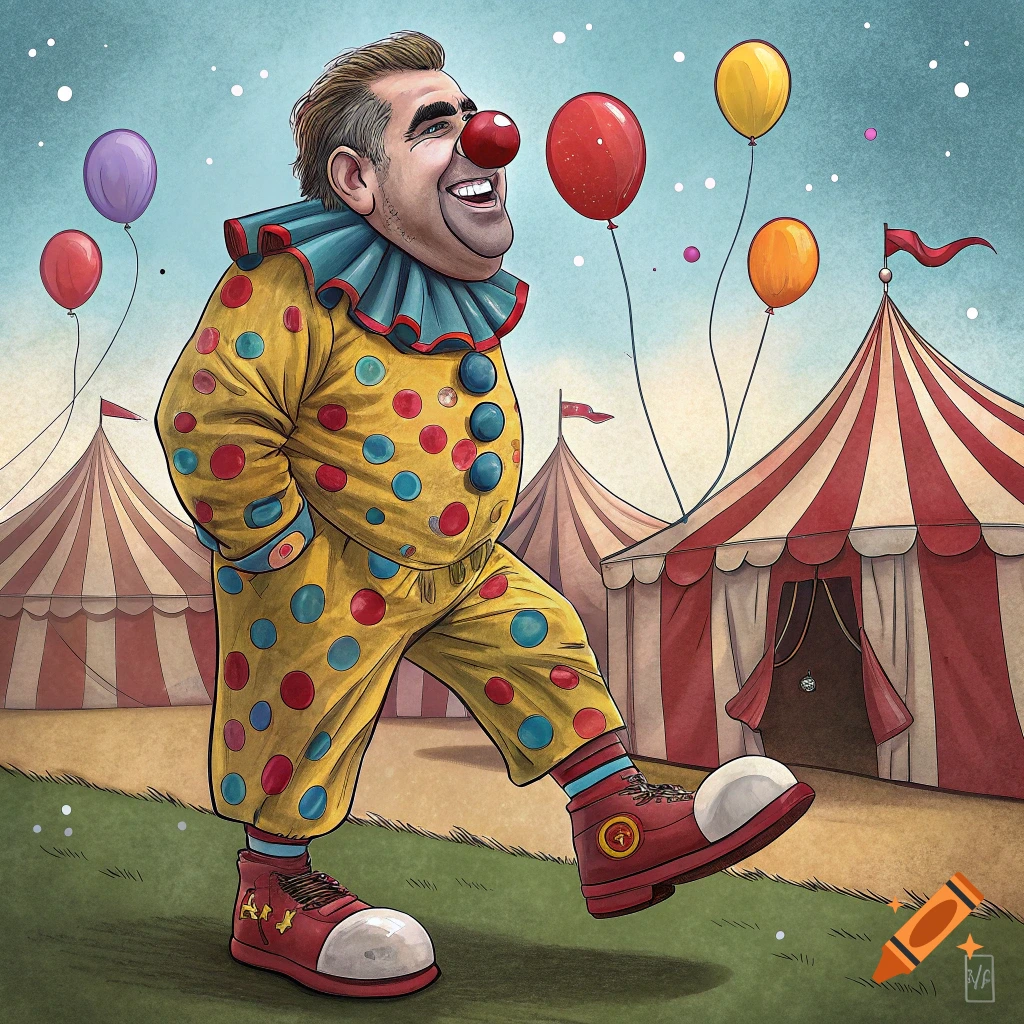 Illustration of a person dressed as a clown standing outside circus tents with balloons.