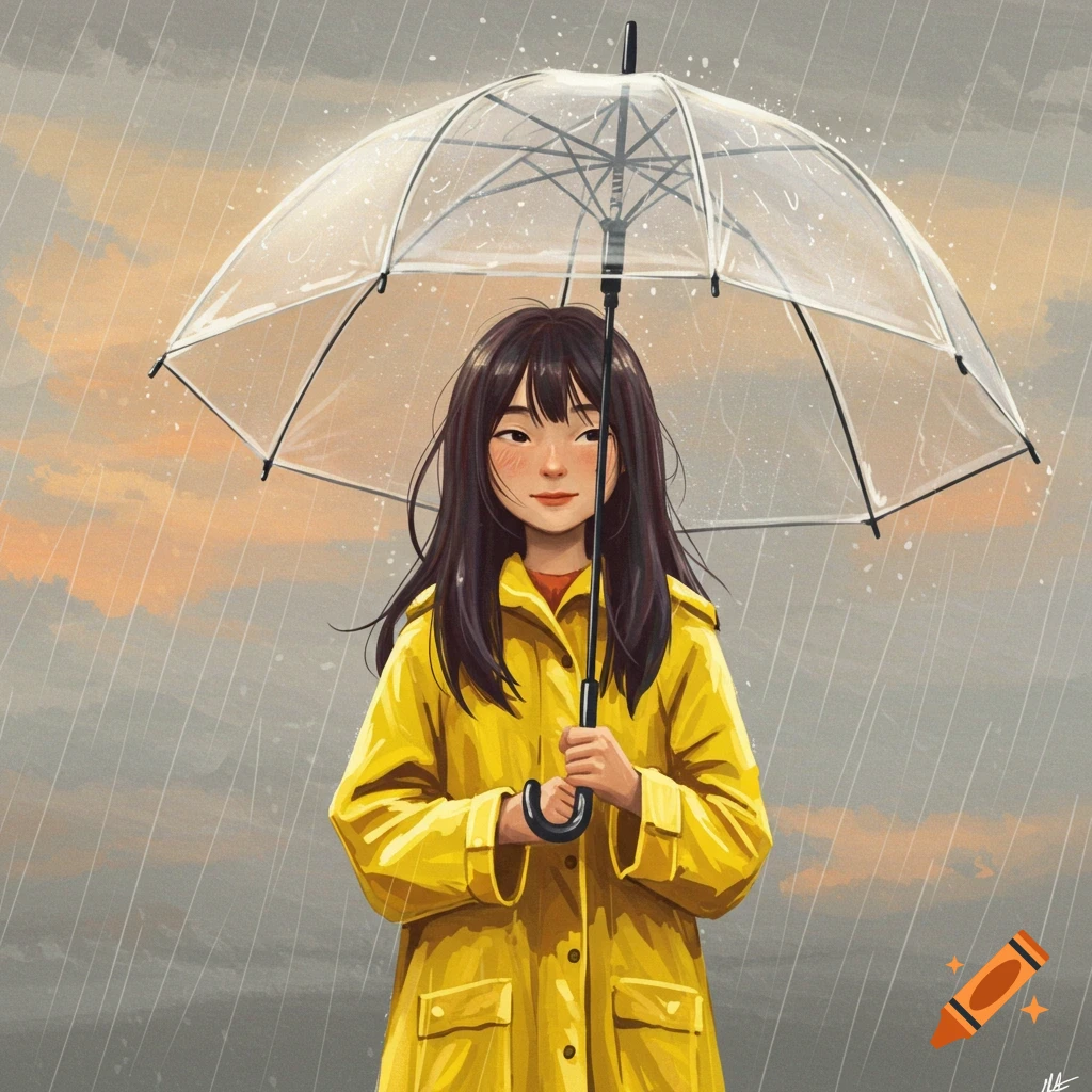 Illustration of a girl in a yellow raincoat holding a clear umbrella in the rain.