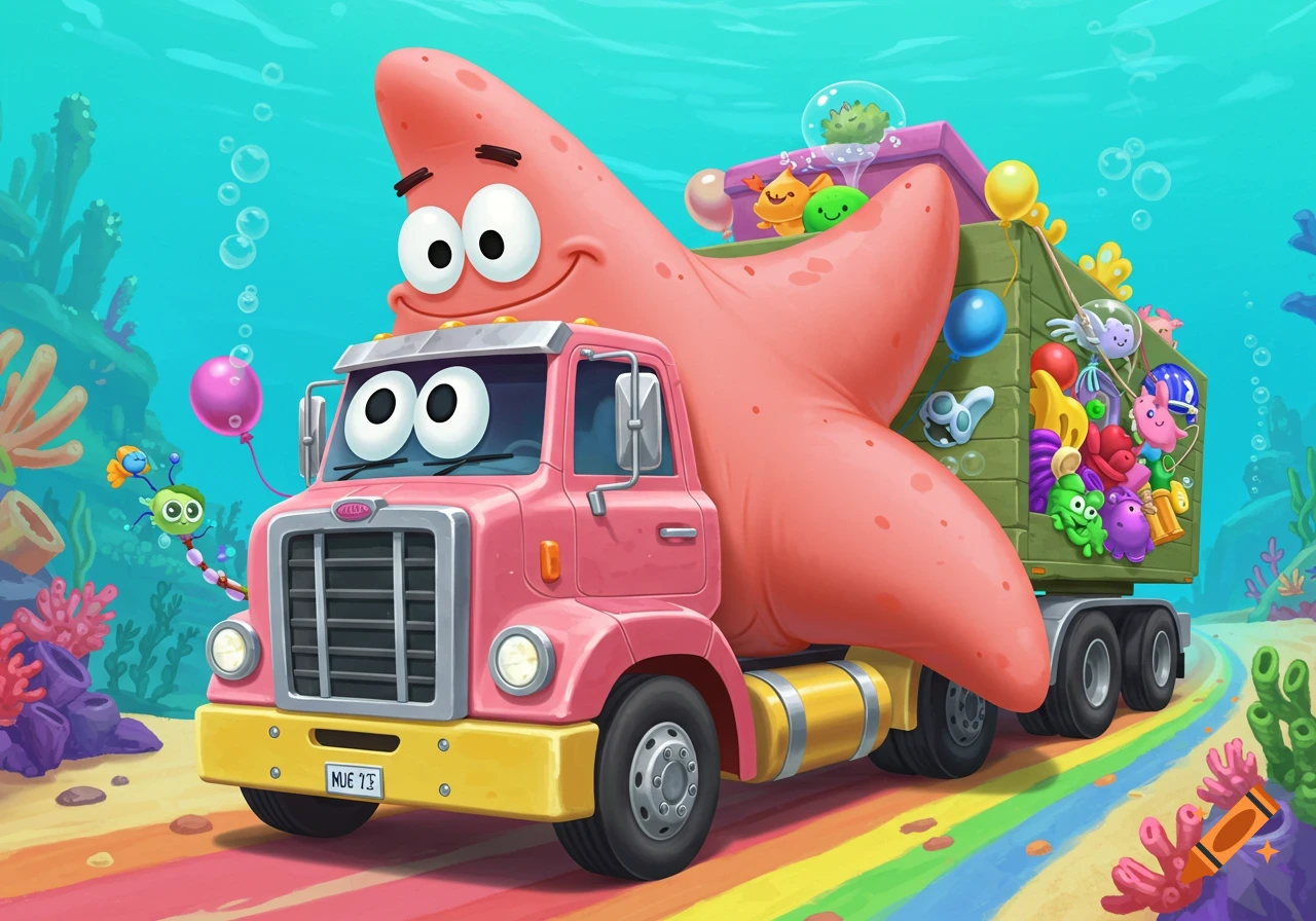 A pink truck designed as Patrick Star drives underwater on a rainbow road, carrying a load of colorful cartoon creatures.