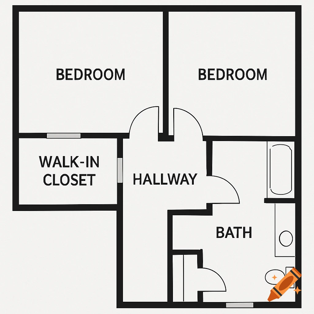 Black and white line drawing of a floor plan layout showing two bedrooms, a walk-in closet, a hallway, and a bathroom.