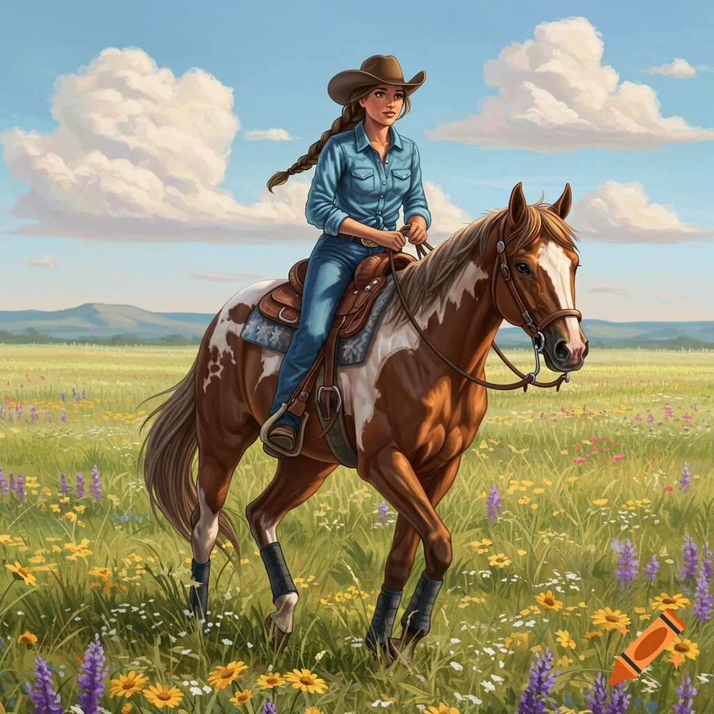 Illustration of a cowgirl riding a horse through a field of wildflowers under a cloudy sky.