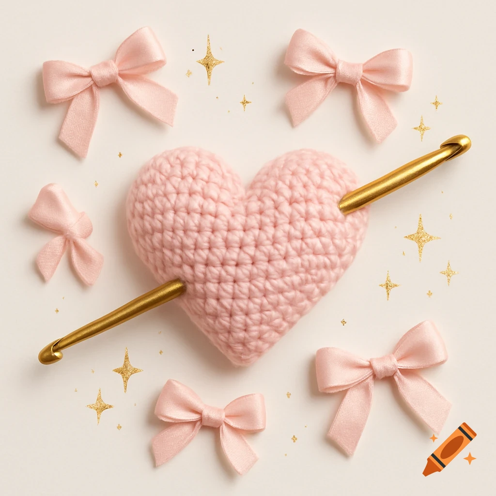 A pink crocheted heart with a gold crochet hook through it, surrounded by pink bows and gold sparkles.