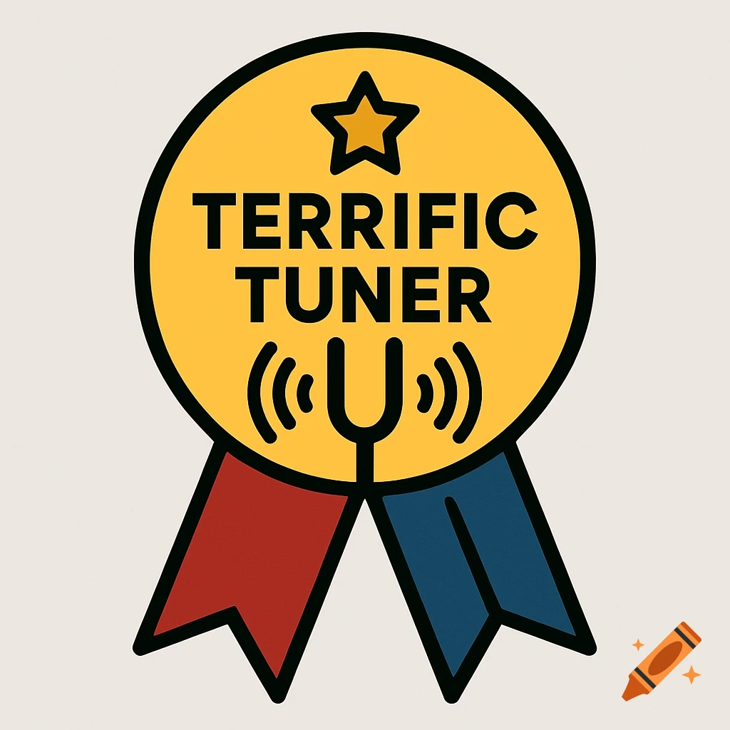 A gold medal award graphic with a star, 'TERRIFIC TUNER' text, a tuning fork symbol, and red and blue ribbons.