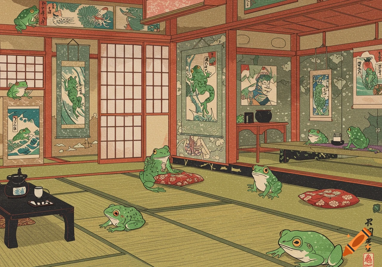 Ukiyo-e style illustration of frogs in a Japanese room.