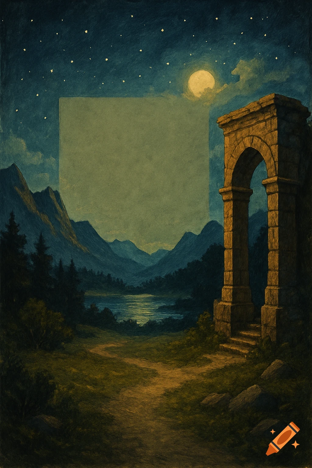Painting of a moonlit landscape with ruins, lake, mountains, and starry sky, with a blank space for text.
