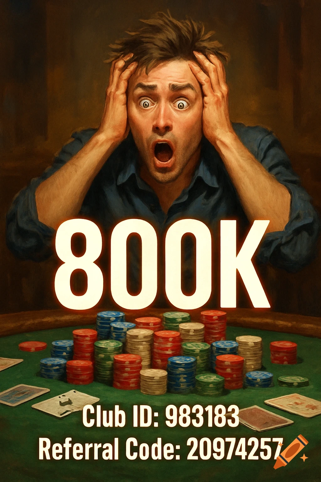 Shocked man at poker table with piles of chips and text "800K"