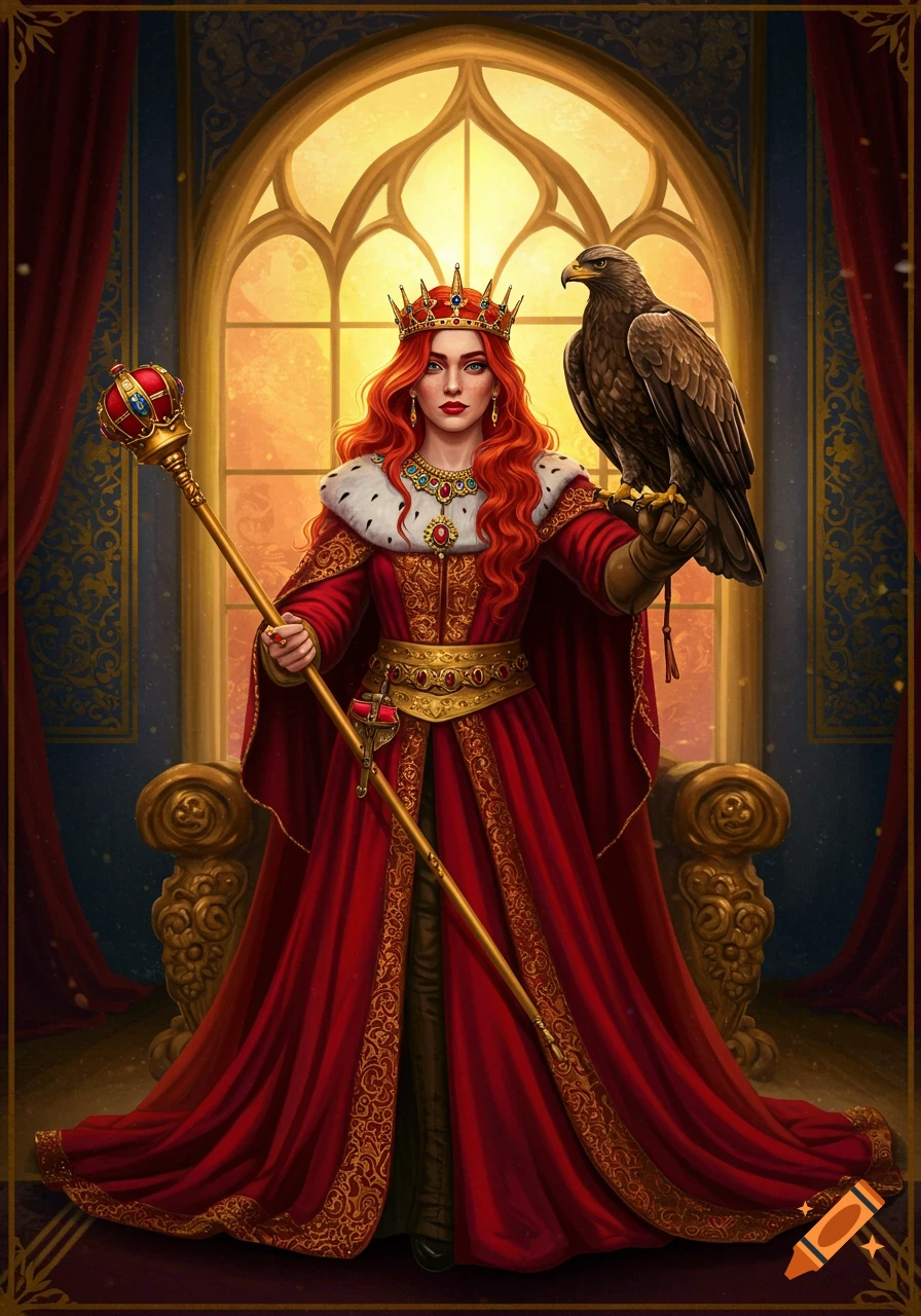 Digital painting of a red-haired empress in a red gown holding a scepter next to an eagle in a throne room.