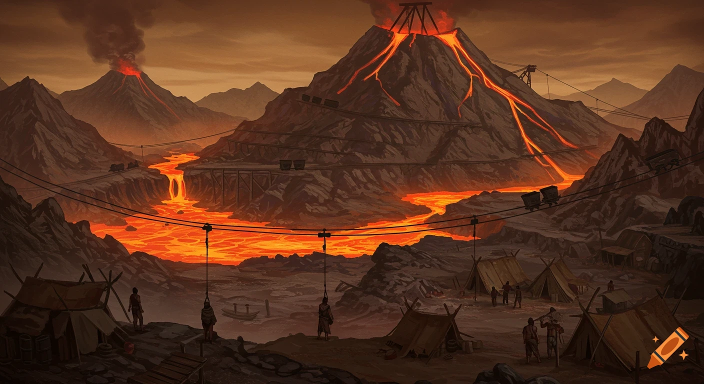Volcanic landscape with lava rivers, mine carts on tracks, ziplines, and a tent village.