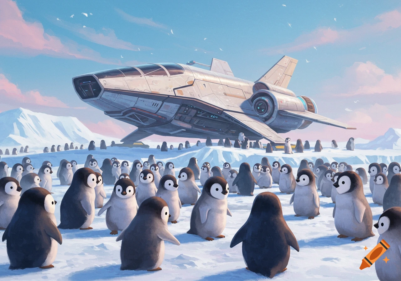 An illustration of a large group of penguins gathered in the snow, looking up at a large spaceship hovering above the ground.