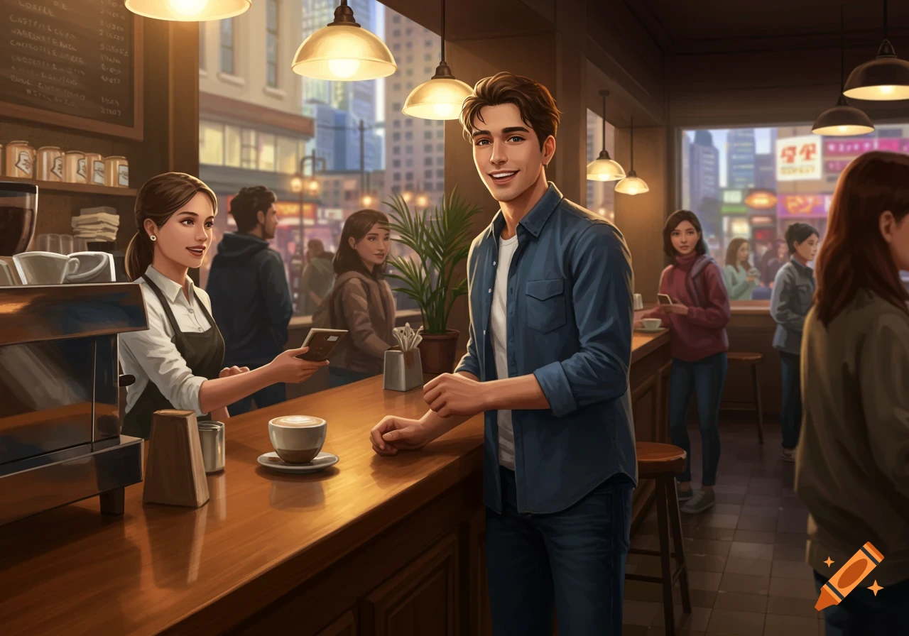 A man ordering coffee at a counter in a bustling coffee shop.