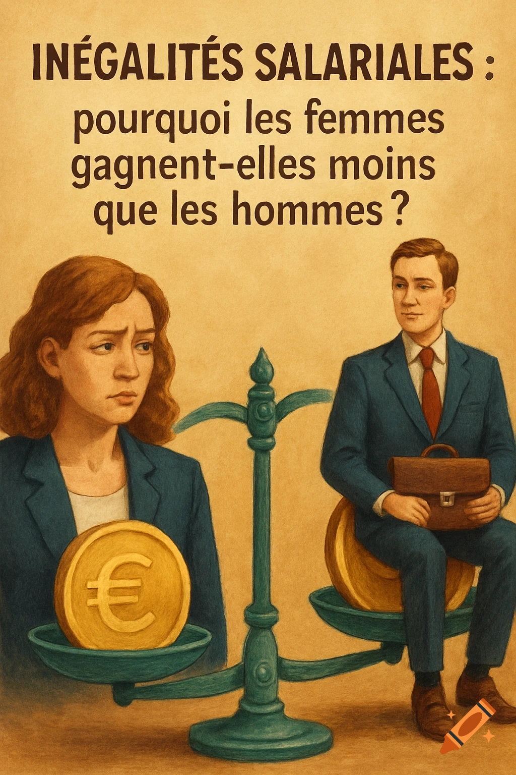 Illustration of a woman with a small coin and a man with a large coin on a scale, with text about salary inequality.