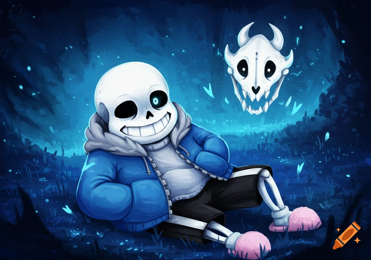 Illustration of Sans the skeleton from Undertale sitting in a glowing blue forest with a Gaster Blaster.