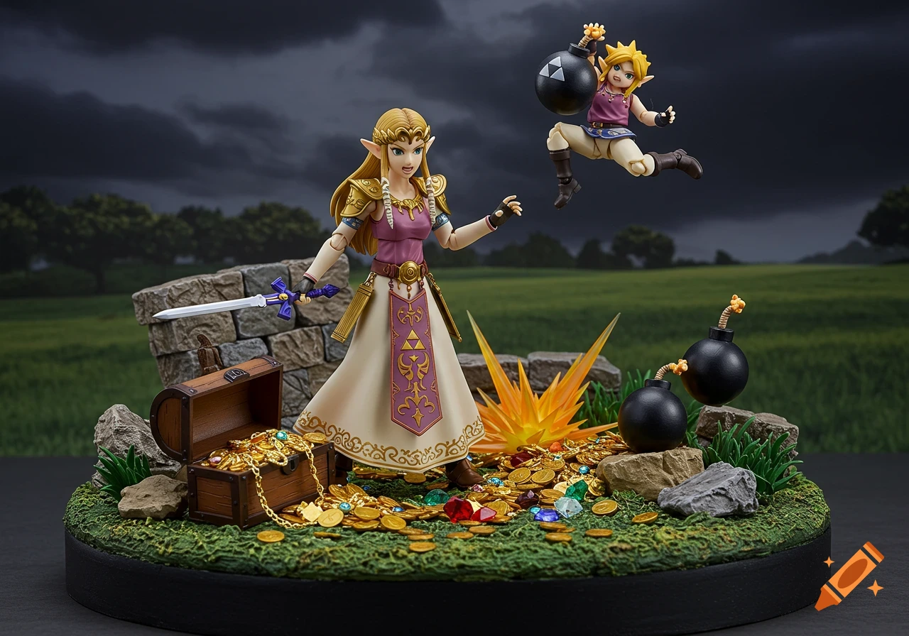 Zelda and Link action figures on a diorama with a treasure chest, bombs, and coins. Link jumps with a bomb. Staged photograph.