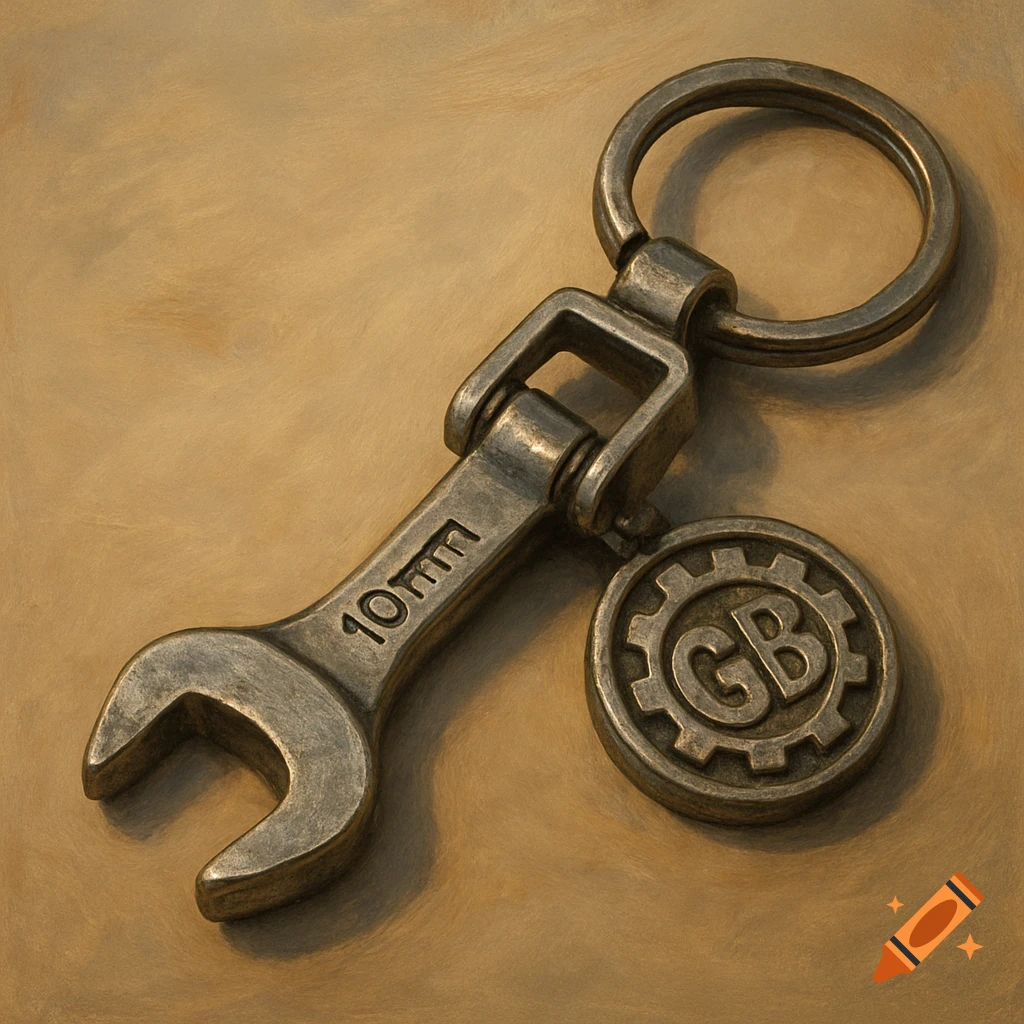 A metal keychain shaped like a wrench with '10mm' on it and a round tag with 'GB' in a gear.