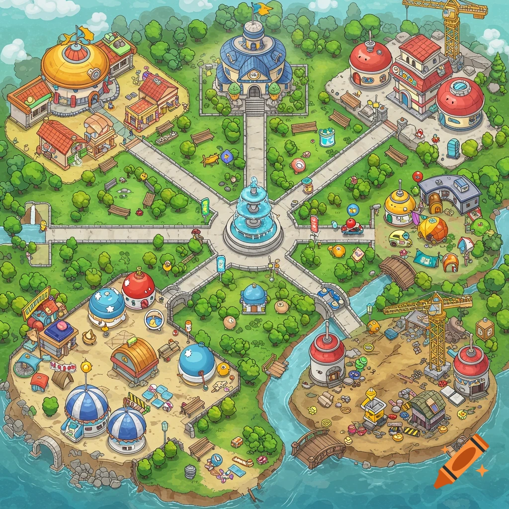 Top-down view of a whimsical cartoon town concept map with a central fountain and themed areas.