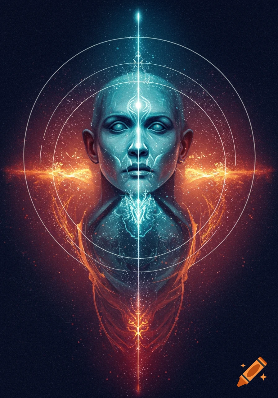 Stylized ethereal figure with glowing patterns, light beams, and cosmic rings against a dark background.