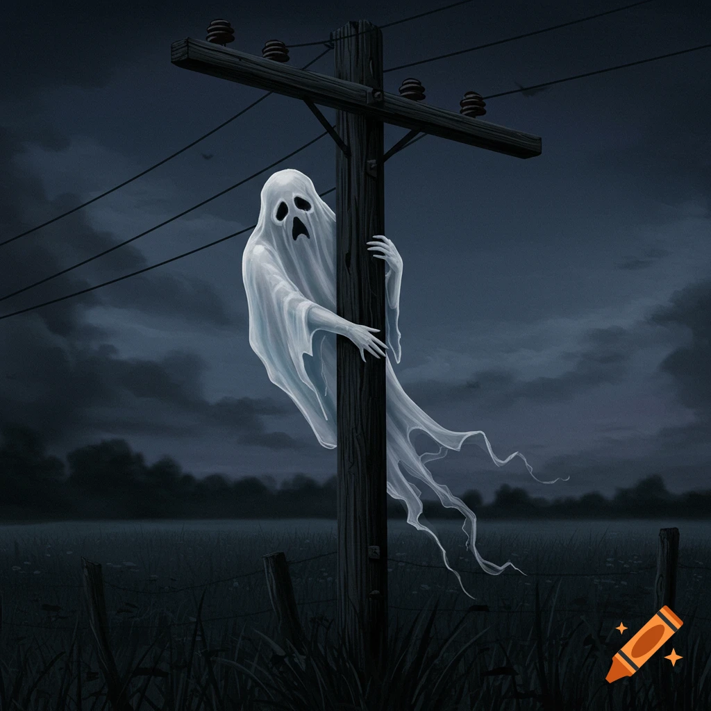 A white sheet ghost clings to a wooden telephone pole in a dark field under a cloudy night sky.