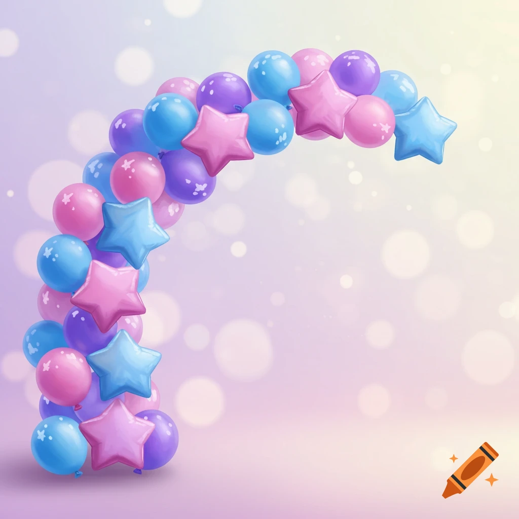 A pastel balloon arch made of pink, blue, and purple balloons and star shapes on a blurry background.