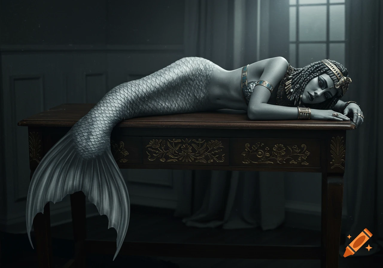 Grey-skinned mermaid with Egyptian headdress and jewelry lies on a dark wood table in a room.