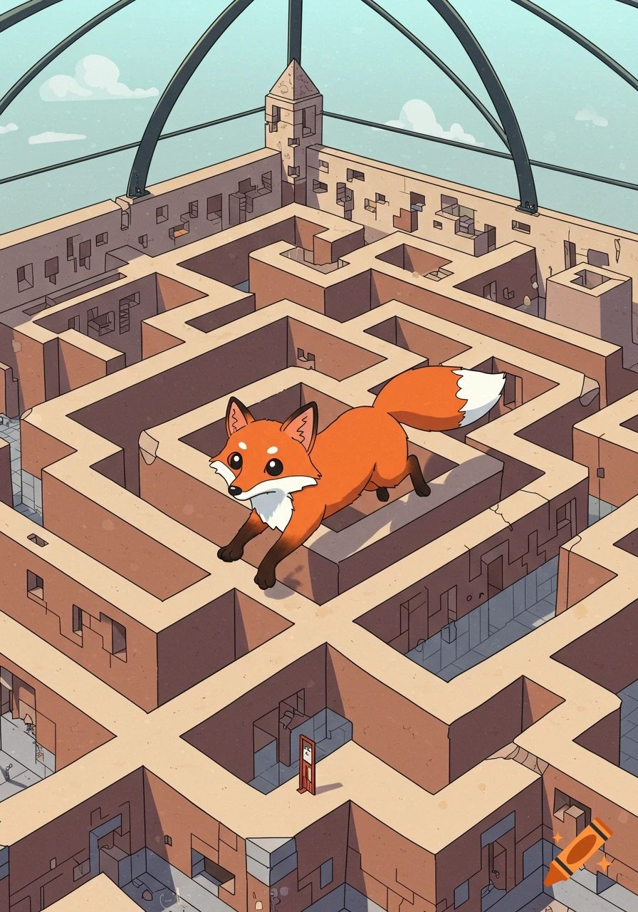 A cute orange fox runs across a complex brown maze in an illustration style.