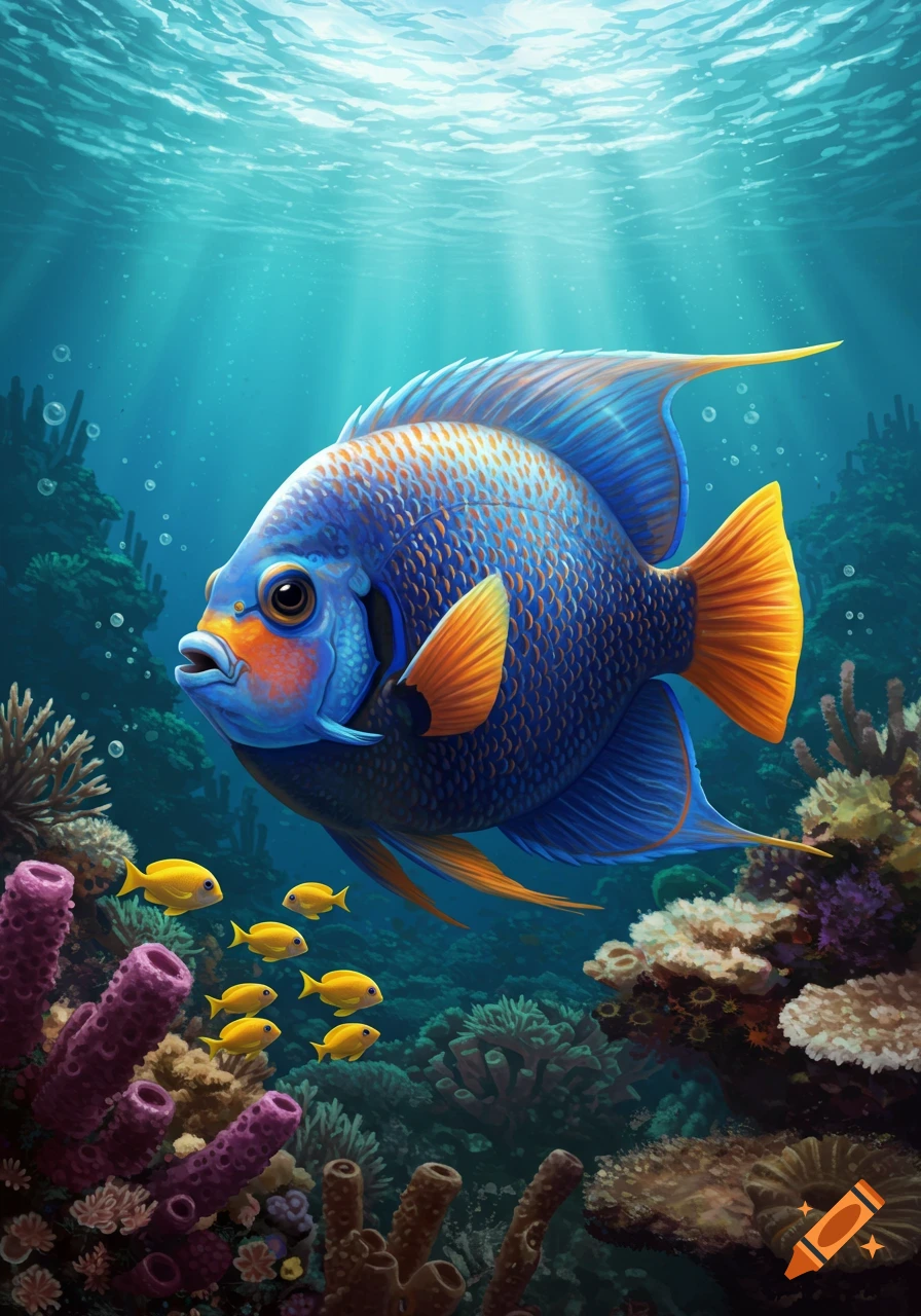 A colorful angelfish swims among coral and smaller yellow fish in the ocean.