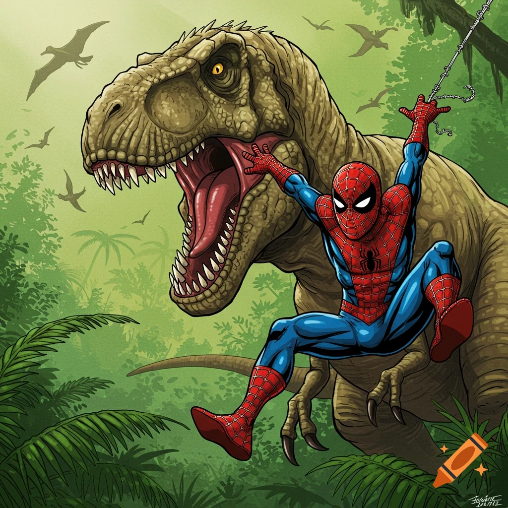 Spider-Man swings over a roaring T-Rex in a jungle, comic book illustration style