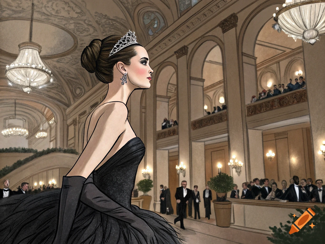 Illustration of a woman in a black formal dress and tiara in a grand ballroom or theater, seen from the side.