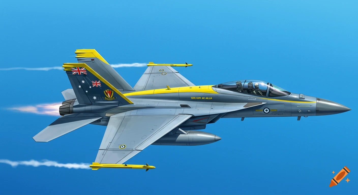 An illustration of a fighter jet with Australian livery flying in a blue sky.
