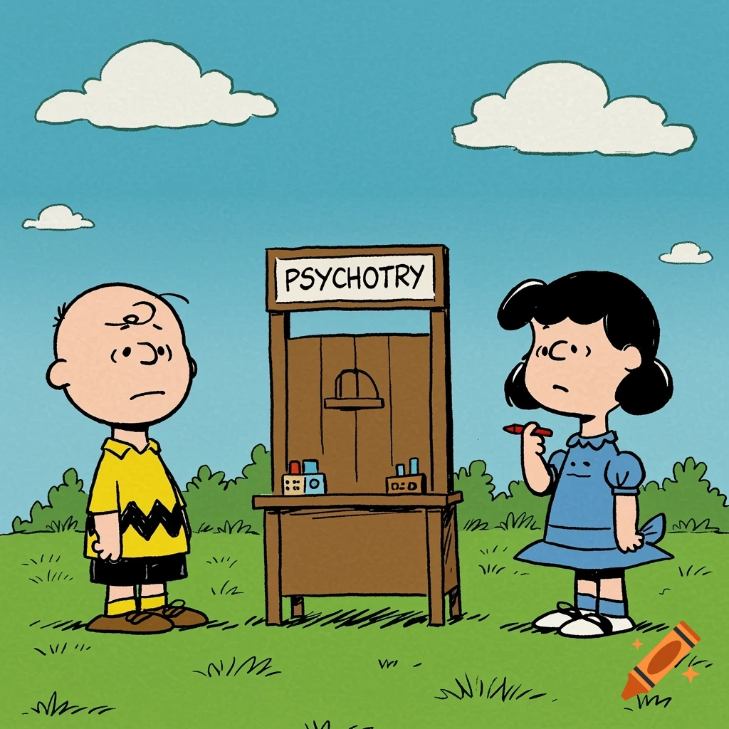 Cartoon of Charlie Brown and Lucy standing next to a booth labeled "PSYCHOTRY"