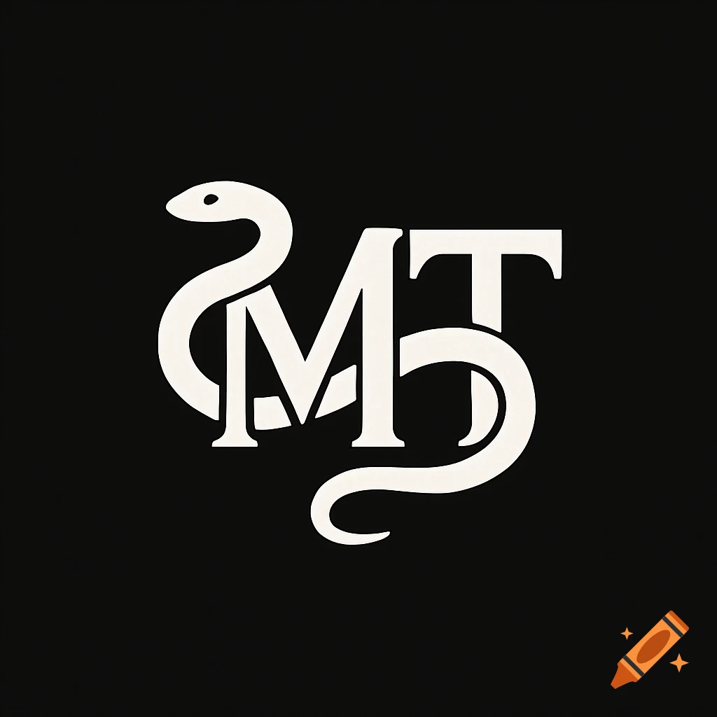 A white logo with the initials MT intertwined with a snake on a black background.