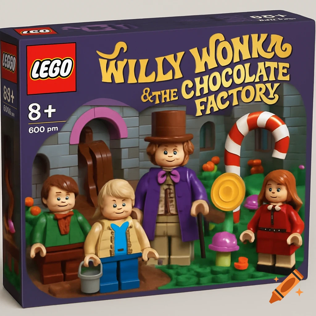 A Lego set box for Willy Wonka & the Chocolate Factory featuring Lego figures of the characters and a scene from the film.