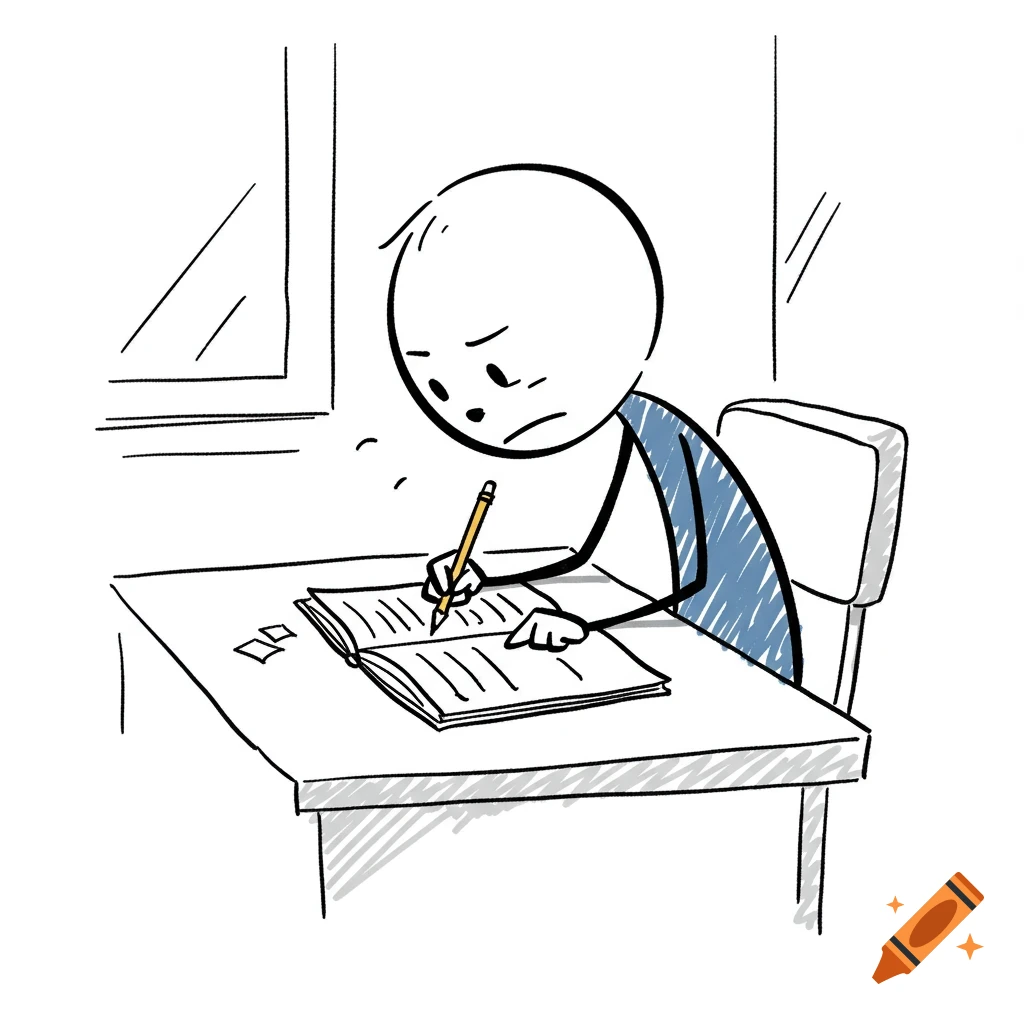 Hand drawn stick figure sitting at a desk writing in a book.