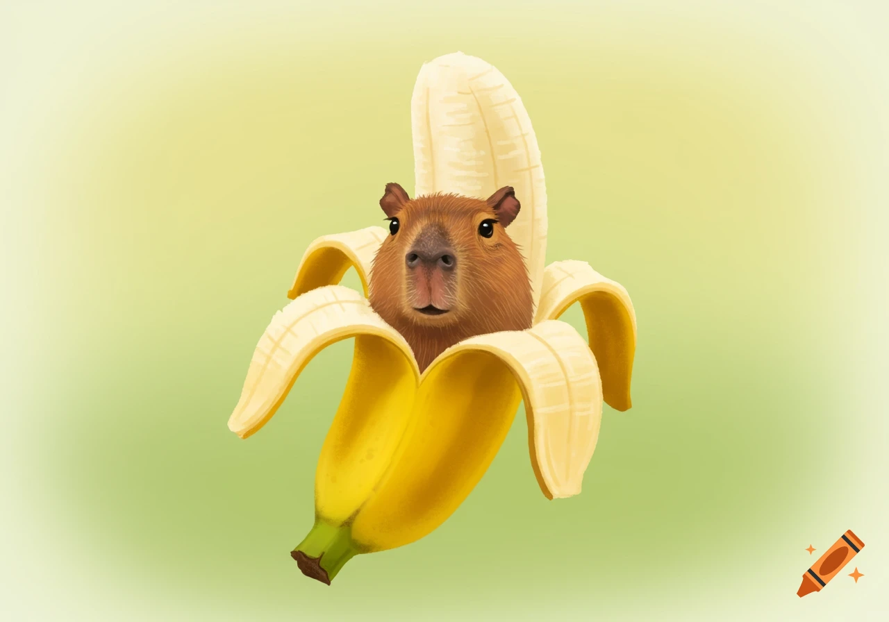An illustration of a capybara sticking its head out of a peeled banana.
