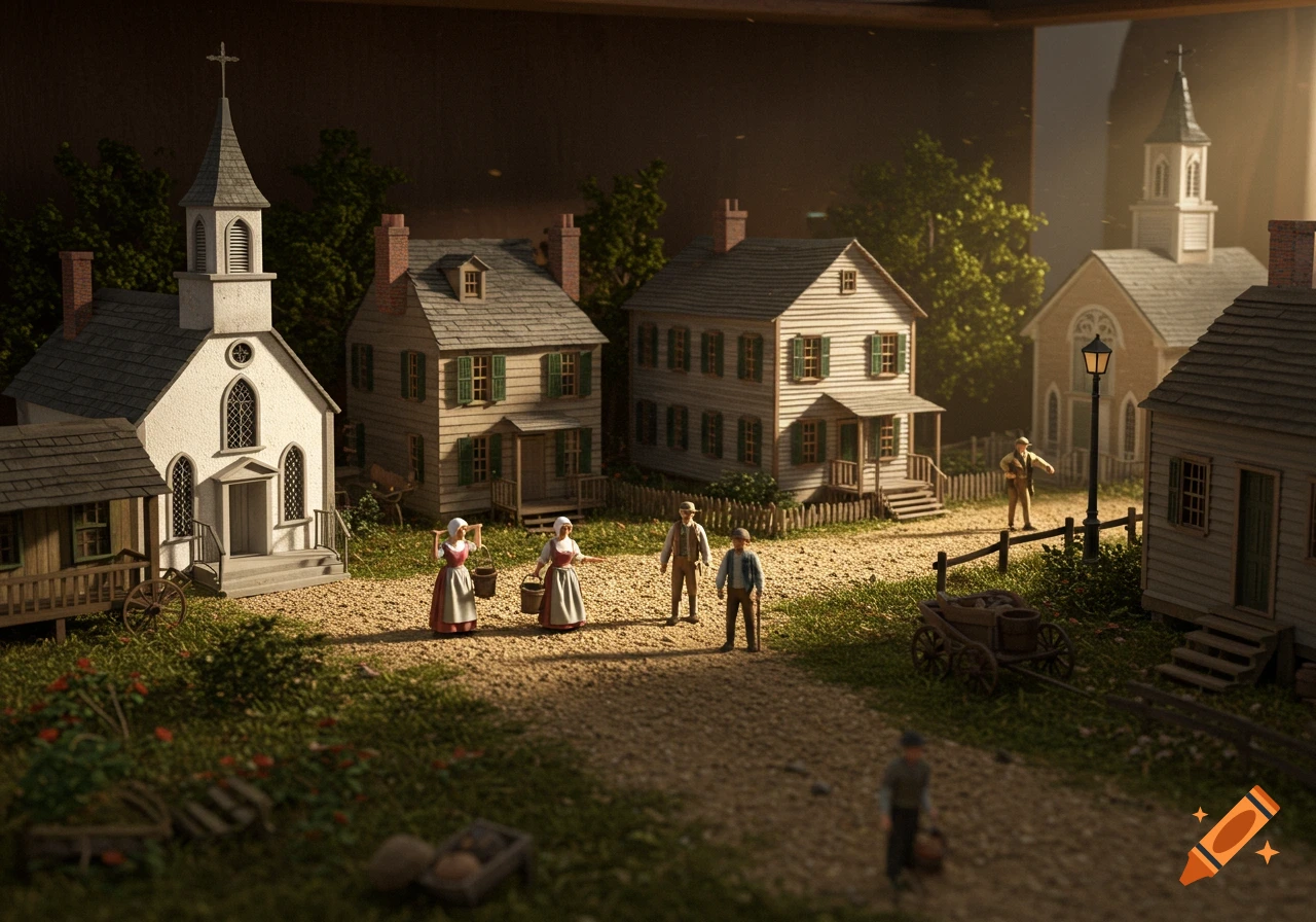Miniature diorama of a colonial town street with figures.