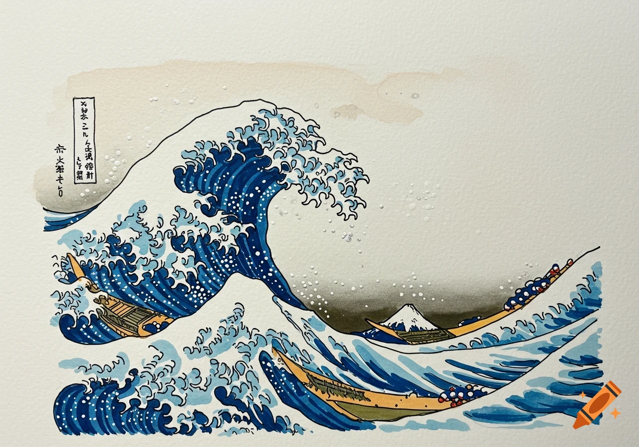 Stylized drawing of a great wave crashing over boats, with Mount Fuji in the background, in the style of Hokusai's Great Wave.