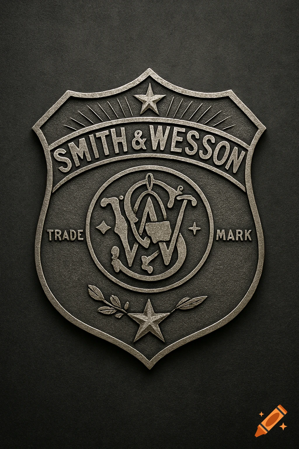Metallic Smith & Wesson badge with text and symbols on a dark background